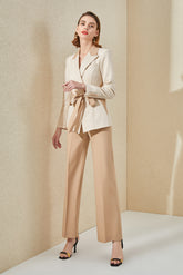 Beige Monochromic Front Tie Wide Leg Pantsuit - FashionByTeresa